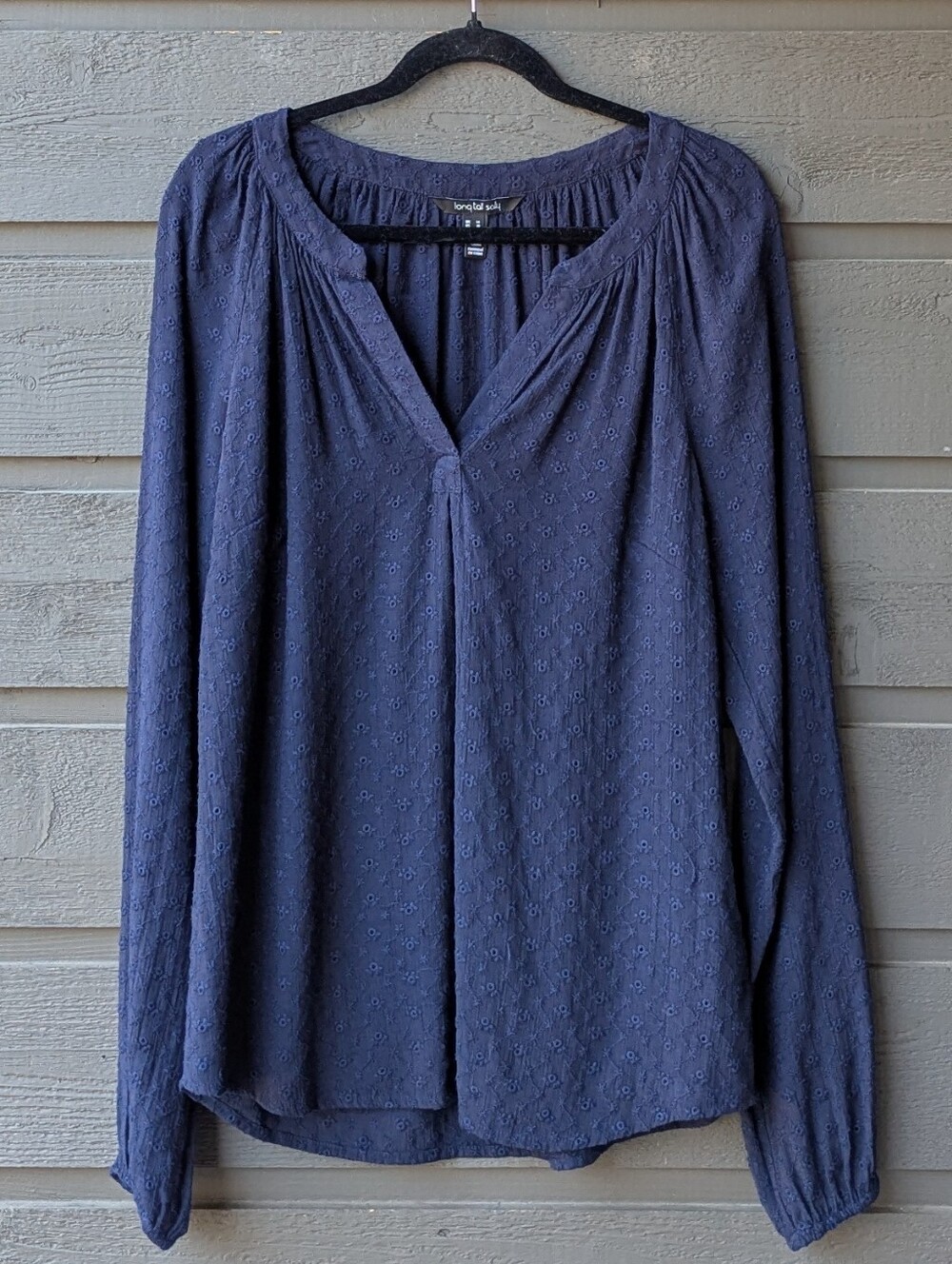 long tall sally Navy Blue Eyelet V-Neck Long-Sleeve Blouse US Women's Size 10
